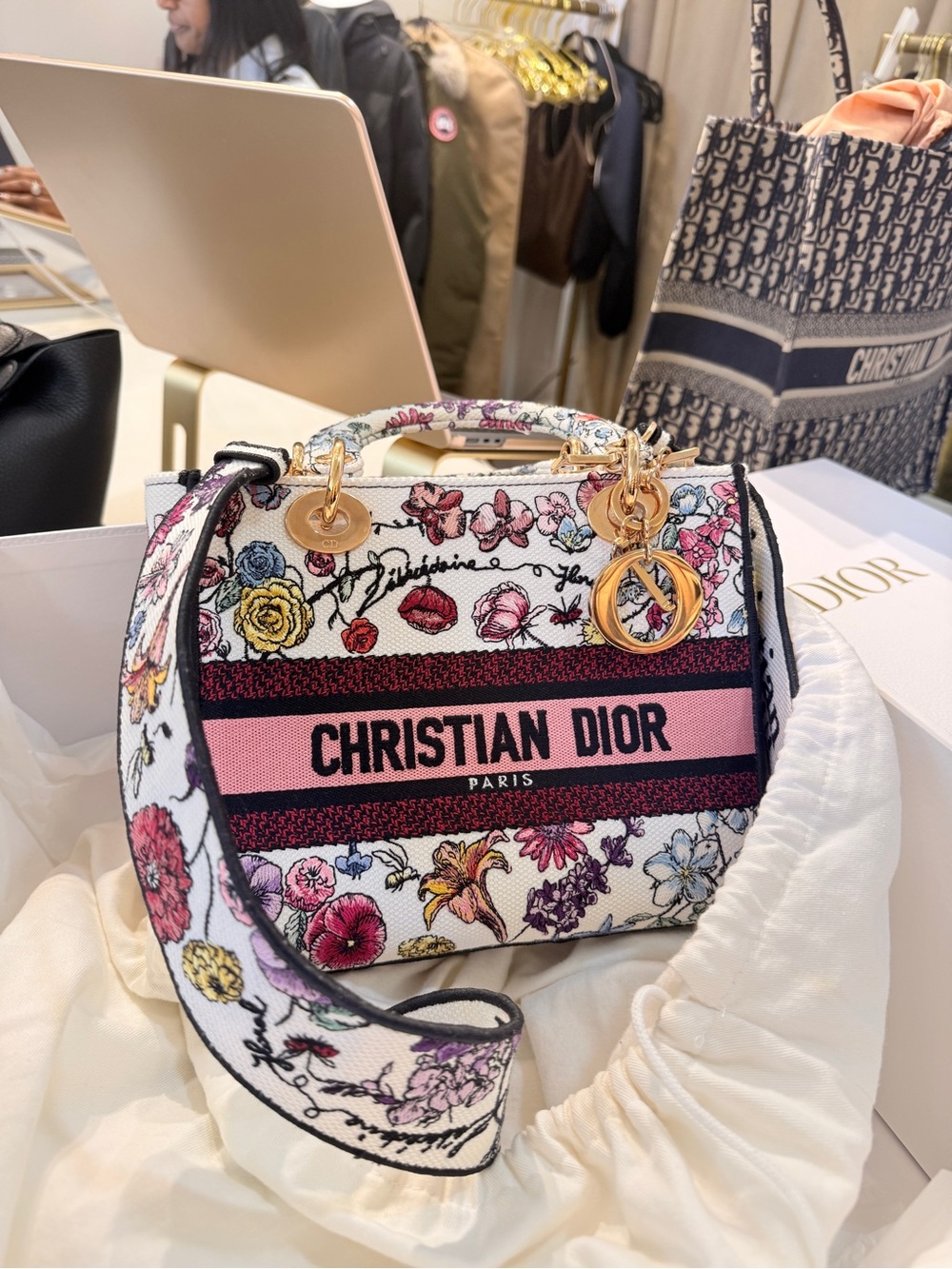 Dior Floral Embroidered Lady Dior Mini Bag in Pink, White, Yellow